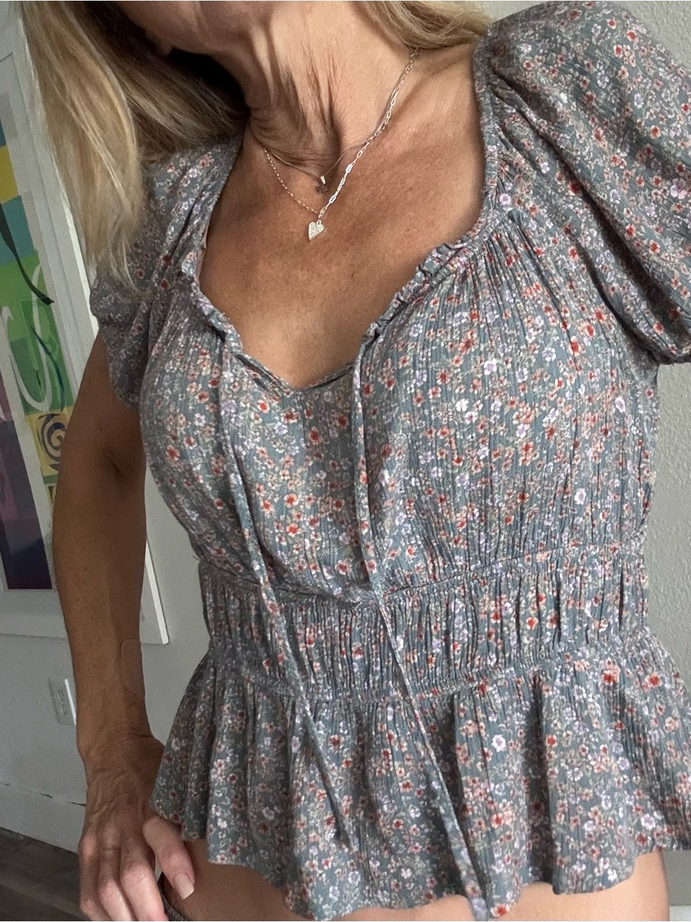 Pink Rose Gray Floral Puff-Sleeve Smocked Peplum Crop Top M